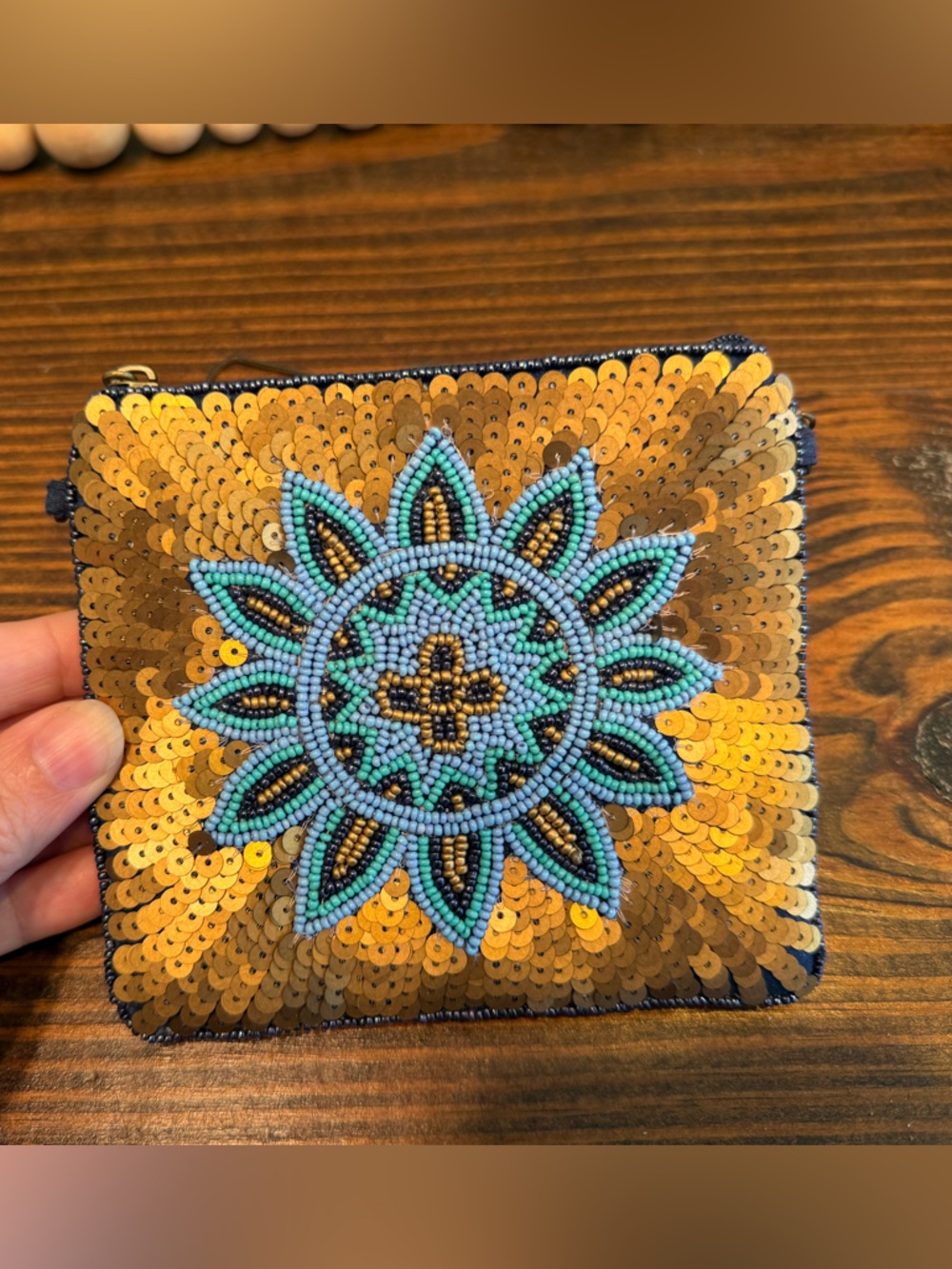 Vintage David Jeffery Beaded Sequin Mini Crossbody Bag Gold Blue Boho 5.5” NWOT - Picture 2 of 5